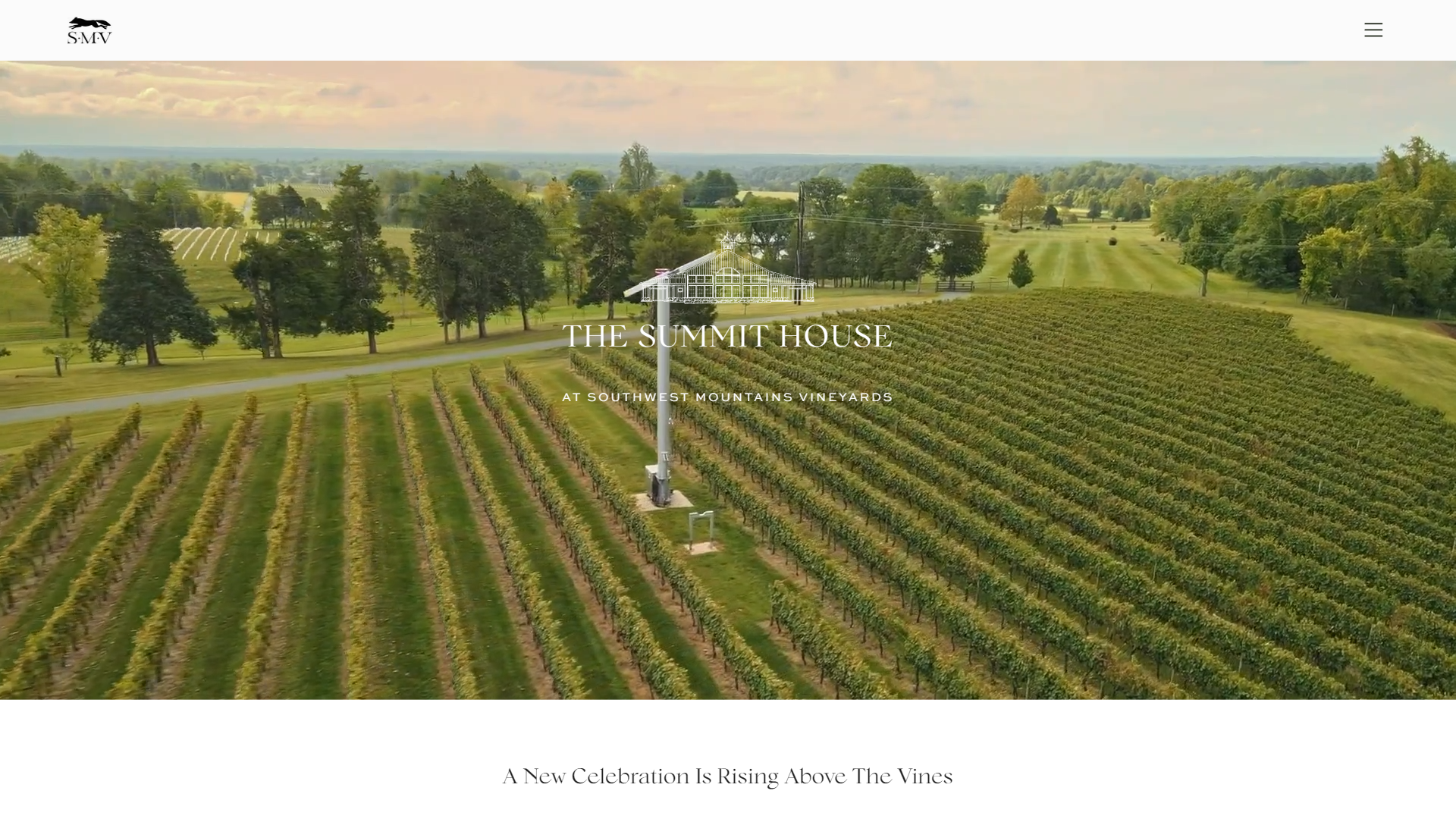 The Southwest Mountains weddings page in a desktop browser, with a glasshouse pavilion standing on the ridge above the vine rows at sunset, headed "The Summit House" and "A New Celebration Is Rising Above The Vines".
