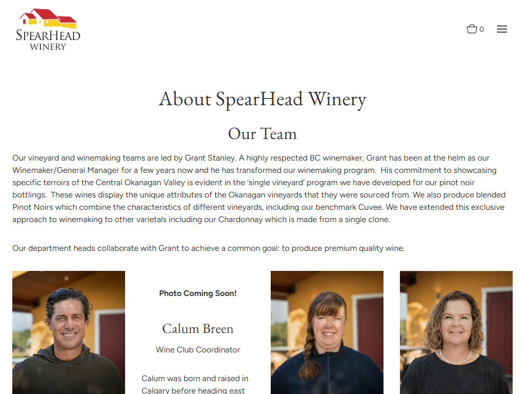 The About SpearHead Winery page in a desktop browser, headed "Our Team", with staff portraits below a paragraph about the winemaking team.