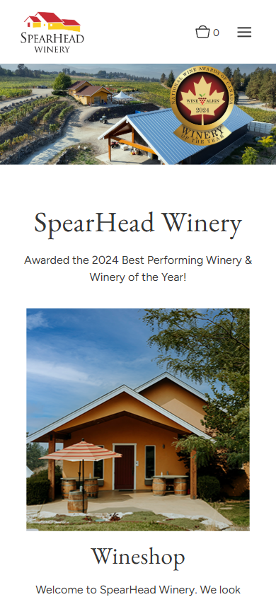 The SpearHead Winery homepage on a phone, with the aerial winery photograph and award medal above the winery name and the Wineshop section.