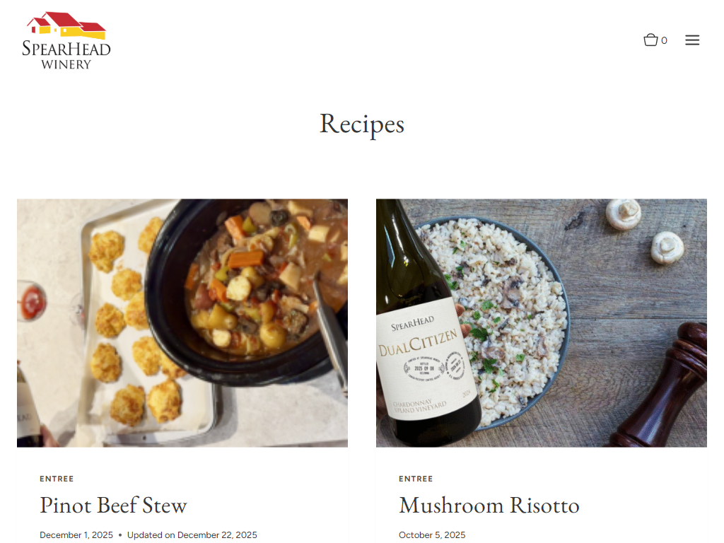 The SpearHead Winery recipes page in a desktop browser, headed "Recipes", showing cards for Pinot Beef Stew and Mushroom Risotto with food photography.