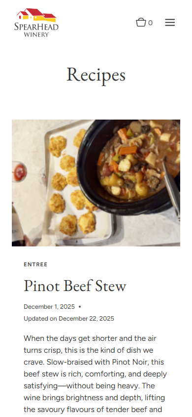 The SpearHead Winery recipes page on a phone, headed "Recipes", showing the Pinot Beef Stew entry with its photograph and description.