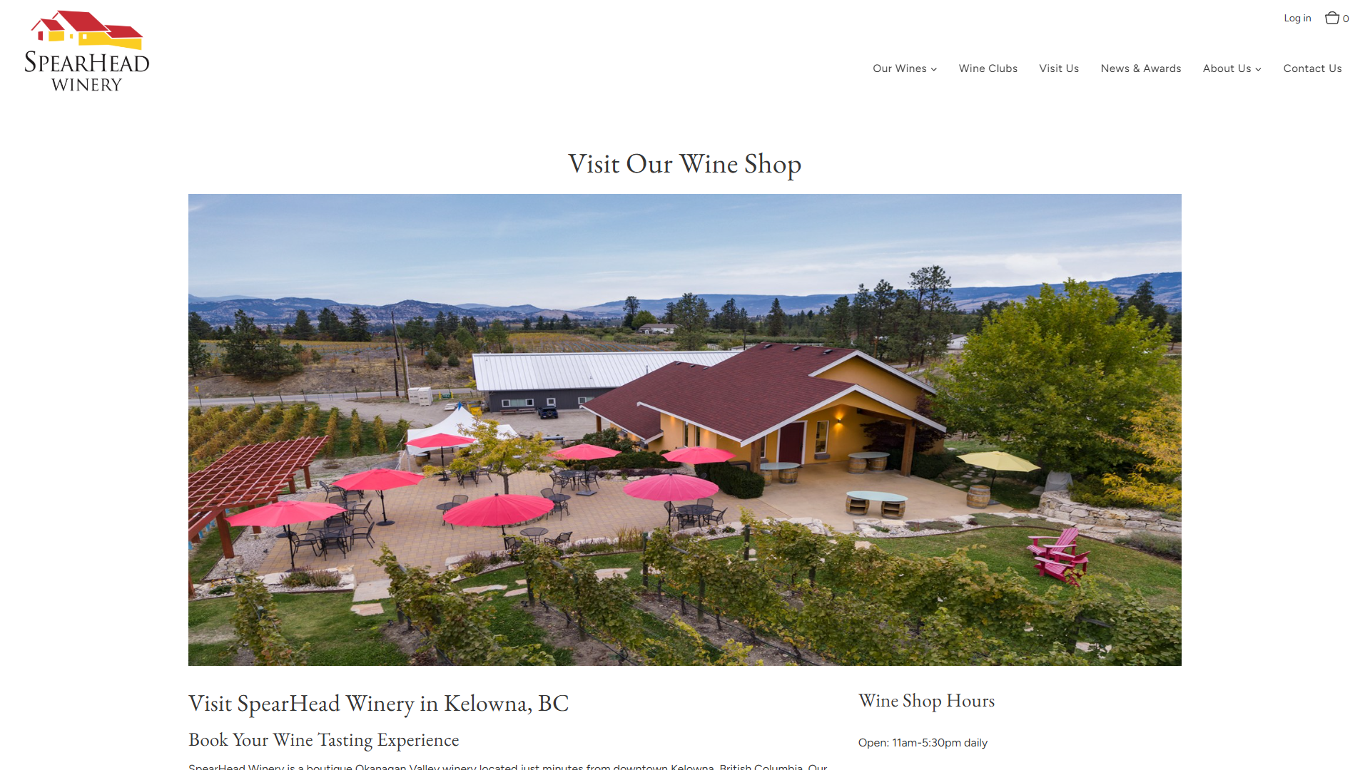 The SpearHead Winery Visit Us page in a desktop browser, headed "Visit Our Wine Shop", with an aerial photograph of the tasting patio and its red umbrellas above the wine shop hours.