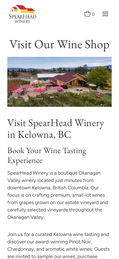 The SpearHead Winery Visit Us page on a phone, headed "Visit Our Wine Shop", with the tasting patio photograph above the booking copy.