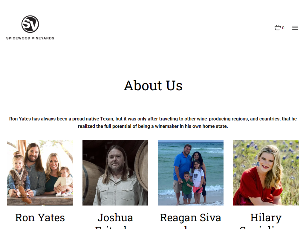 The Spicewood Vineyards about page in a desktop browser, headed "About Us", opening on Ron Yates and the potential he saw for wine in his home state, above a row of portraits of the team.