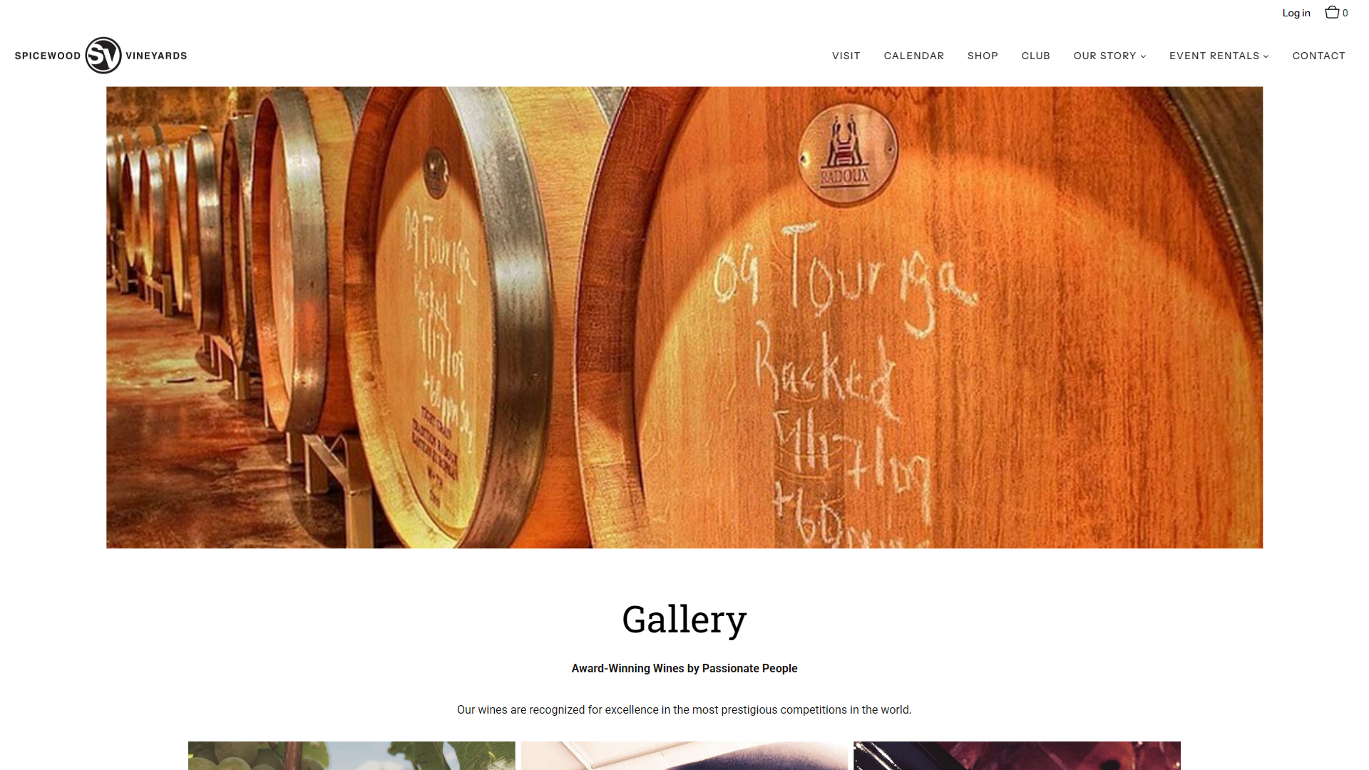 The Spicewood Vineyards gallery page in a desktop browser, with a row of oak barrels chalked with their lot markings above the heading "Gallery" and the line about award-winning wines made by passionate people.