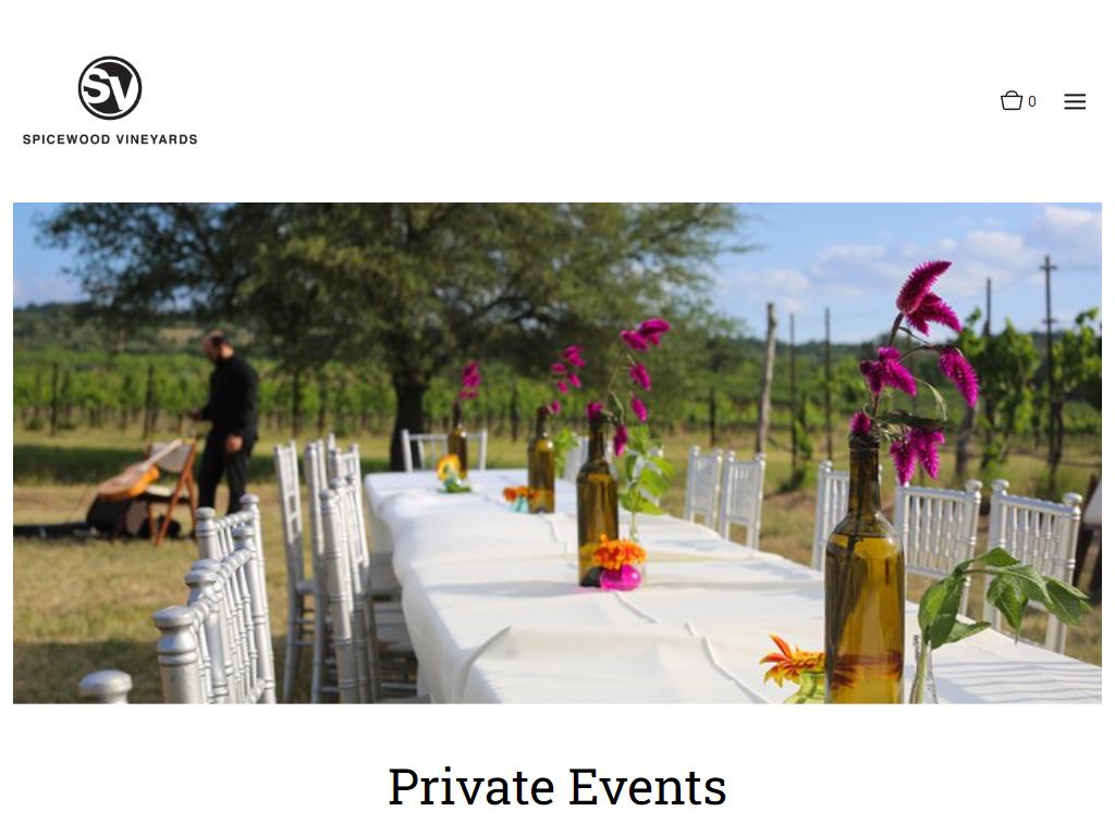 The Spicewood Vineyards private events page in a desktop browser, with a long white table laid outdoors beside the vines, dressed with bright flowers and bottles of oil, above the heading "Private Events".