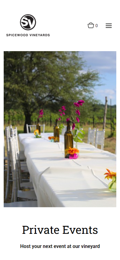 The Spicewood Vineyards private events page on a phone, with the laid table photograph above the heading "Private Events" and the invitation to host an event at the vineyard.