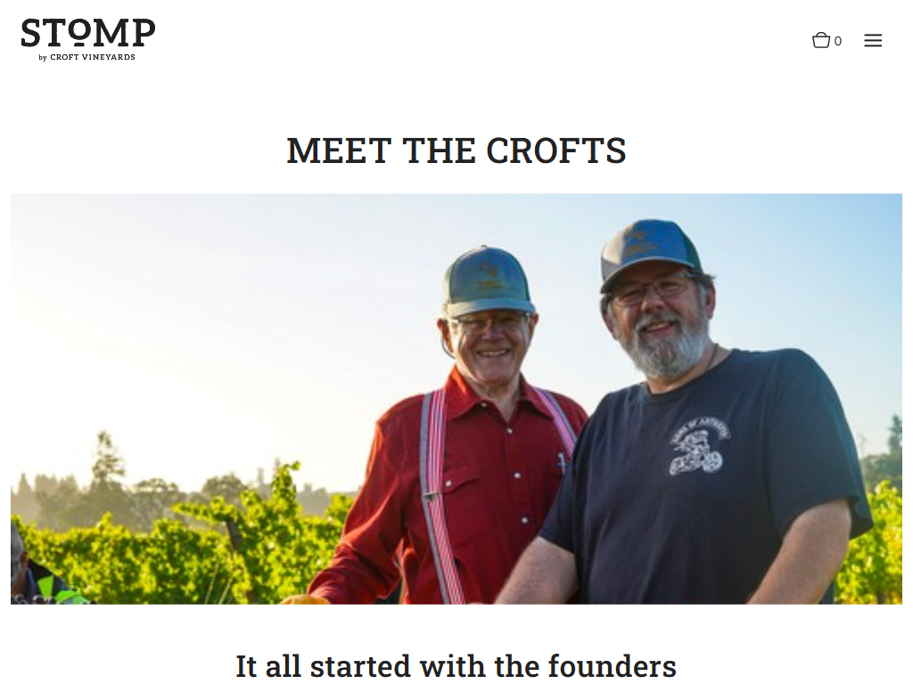 The Stomp About page in a desktop browser, headed "Meet the Crofts", with two of the founders photographed in the vineyard.