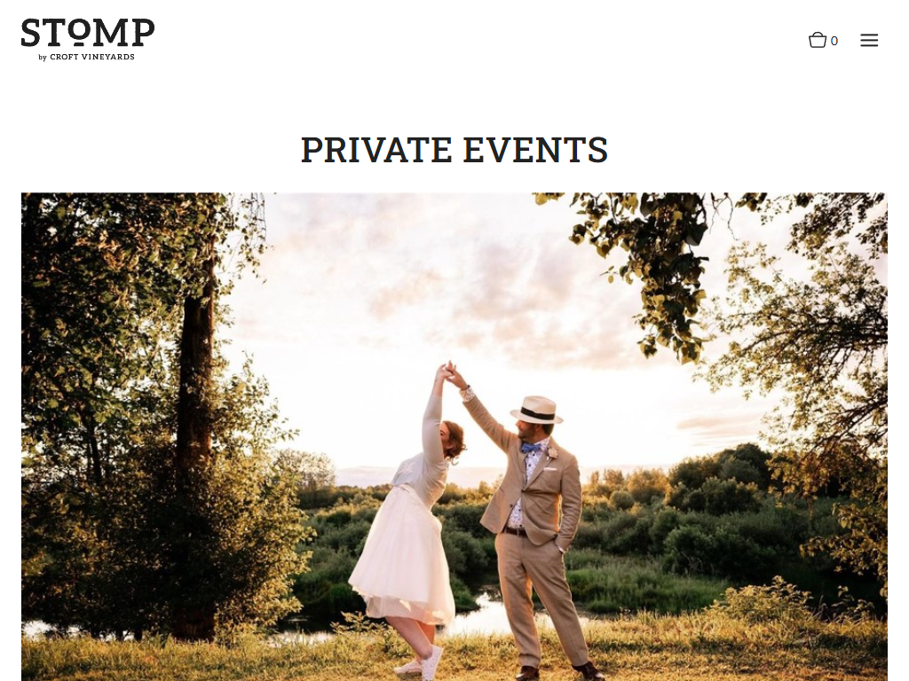 The Stomp private events page in a desktop browser, headed "Private Events", with a couple dancing in a meadow at golden hour.