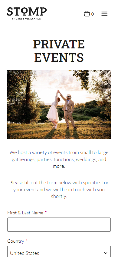 The Stomp private events page on a phone, headed "Private Events", with the dancing couple above the inquiry form.