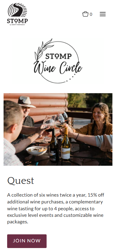 The Stomp Wine Circle page on a phone, with friends toasting at a table above the Quest membership tier and a join button.