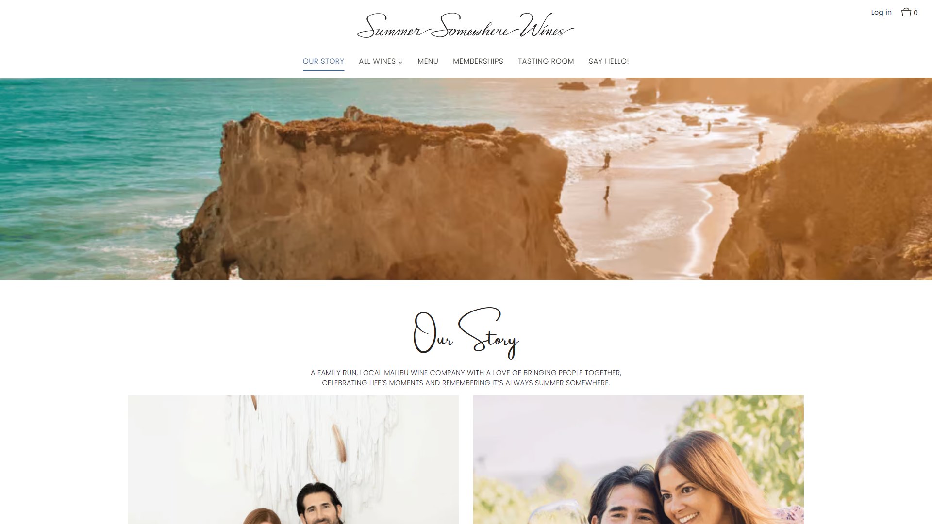 The Summer Somewhere About page in a desktop browser, with sandstone cliffs meeting the sea above the heading "Our Story" and photographs of the family behind the label.