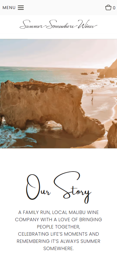 The Summer Somewhere About page on a phone, with the cliffs and sea above the heading "Our Story".