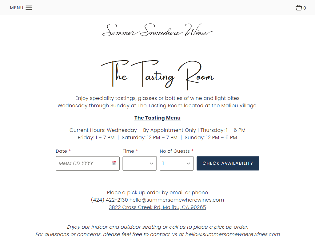The Summer Somewhere Visit Us page in a desktop browser, headed "The Tasting Room", with the opening hours and an availability checker for bookings.