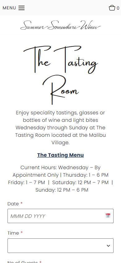 The Summer Somewhere Visit Us page on a phone, headed "The Tasting Room", with the hours above the date and time booking fields.