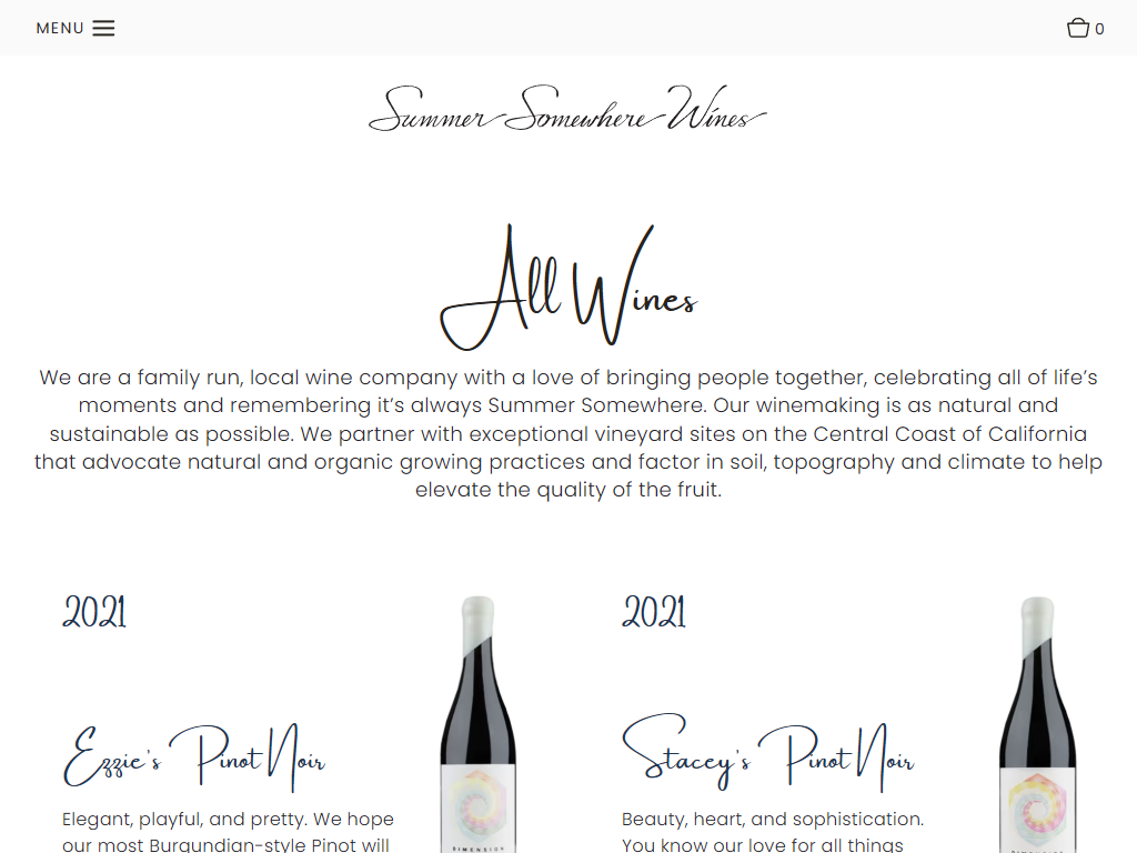 The Summer Somewhere wines listing in a desktop browser, headed "All Wines", showing two 2021 pinot noirs with tasting notes beside each bottle.
