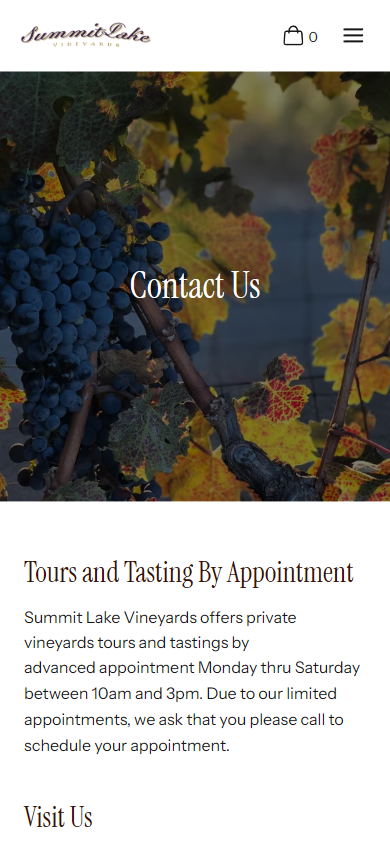 The Summit Lake contact page on a phone, headed "Contact Us" over ripe grapes on the vine, with a note that tours and tastings are by appointment.