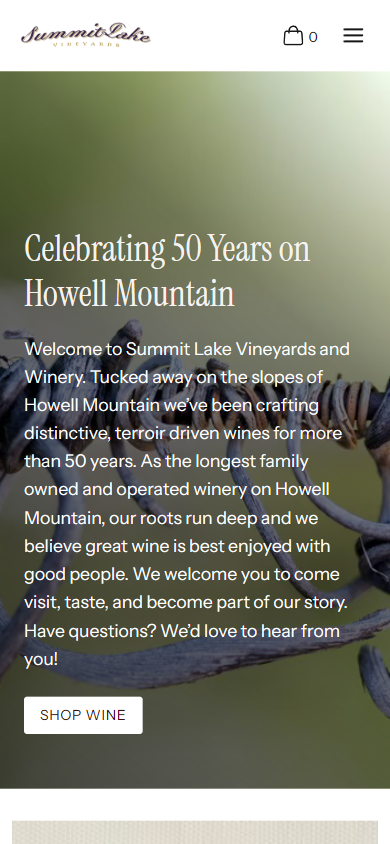 The Summit Lake homepage on a phone, with the 50 years on Howell Mountain heading over the trellis photograph and a shop button.