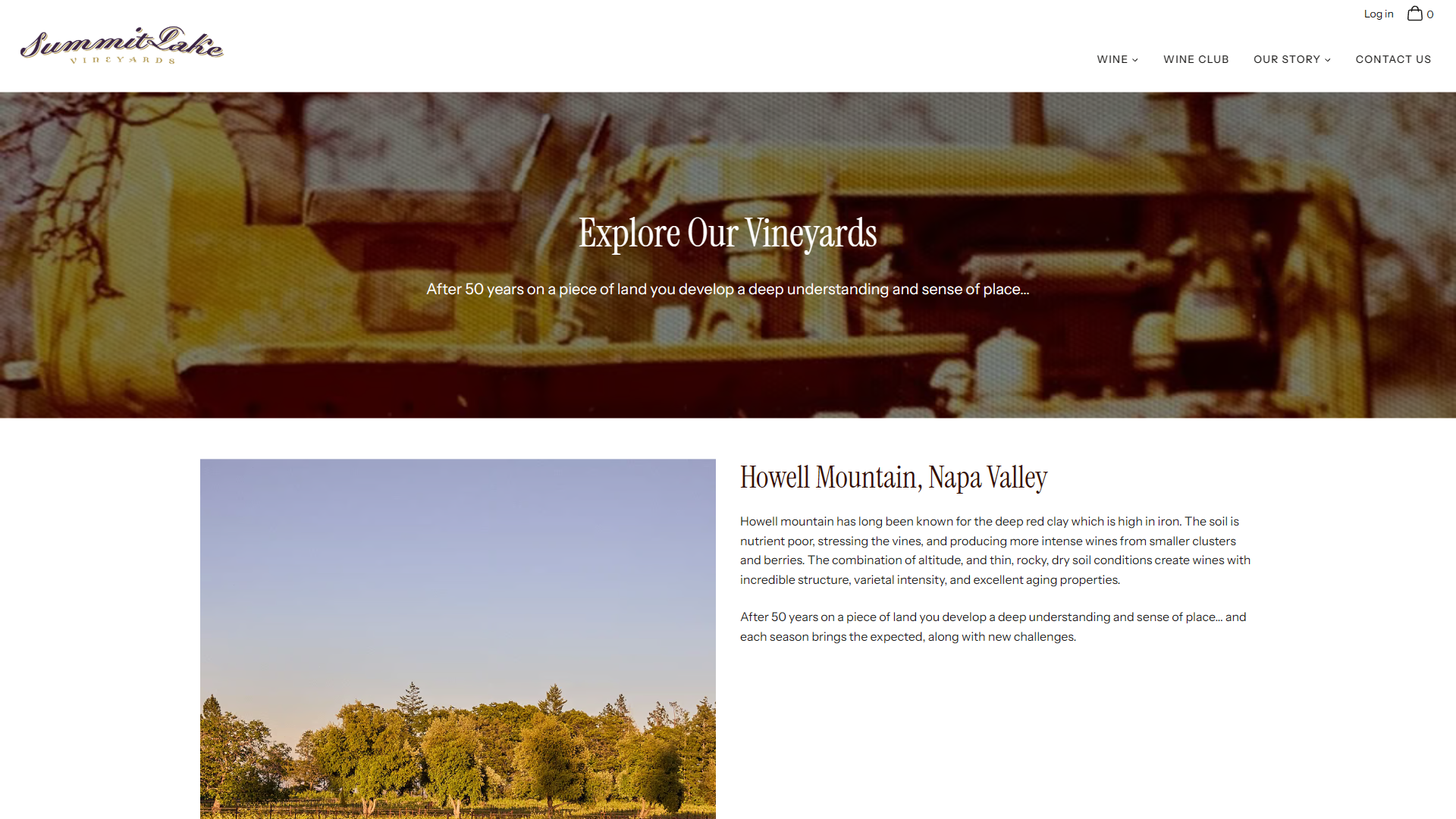 The Summit Lake vineyards page in a desktop browser, headed "Explore Our Vineyards", with a section on Howell Mountain beside an evening photograph of the property.