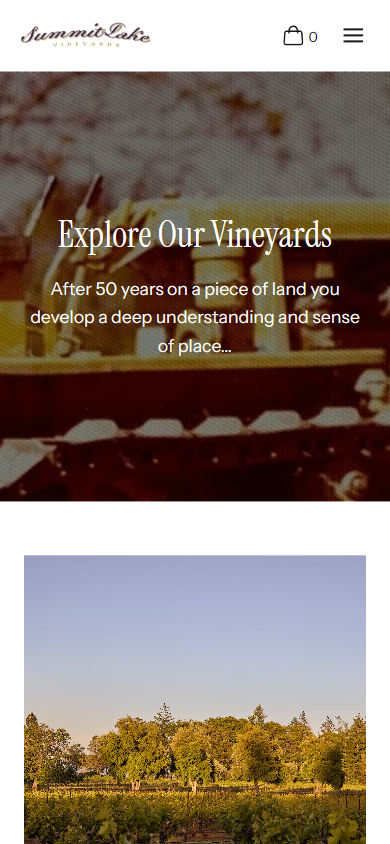 The Summit Lake vineyards page on a phone, headed "Explore Our Vineyards", with the property photograph below.