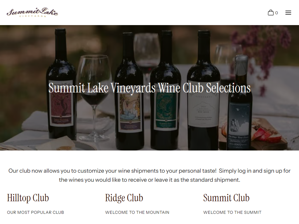 The Summit Lake wine clubs page in a desktop browser, headed over five bottles and a glass set out on a table in the vines, with the Hilltop, Ridge and Summit memberships below.