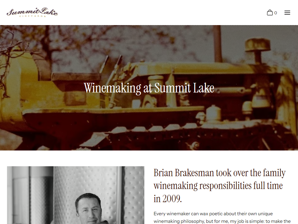 The Summit Lake winemaking page in a desktop browser, headed "Winemaking at Summit Lake", with a black and white portrait of the winemaker beside an account of his approach.