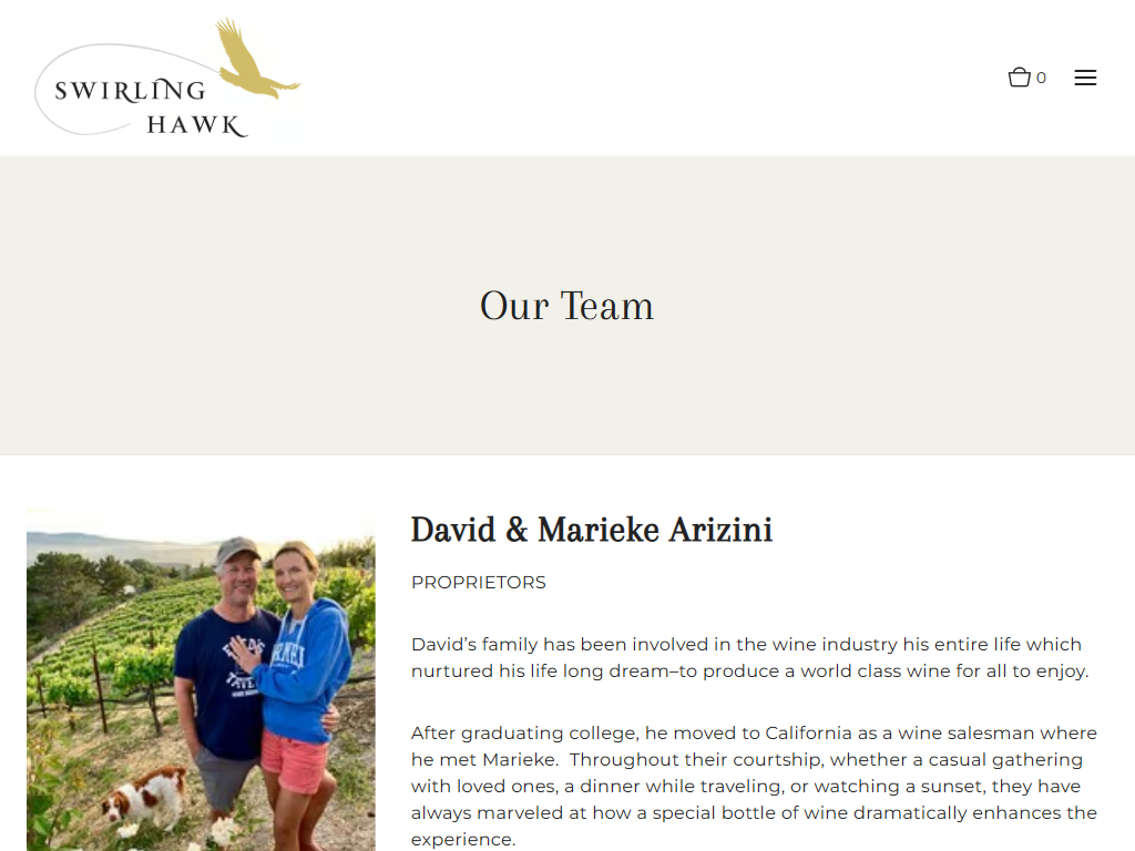 The Swirling Hawk team page in a desktop browser, headed "Our Team", with proprietors David and Marieke Arizini photographed with their dog in the vineyard beside their biography.