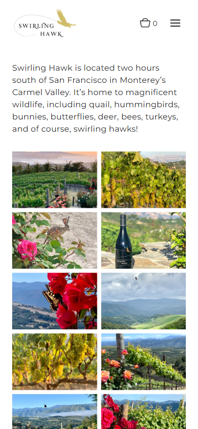 The Swirling Hawk photo gallery on a phone, the vineyard and wildlife photographs stacked in two columns below the note on the Carmel Valley setting.
