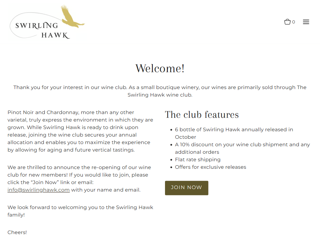 The Swirling Hawk wine club page in a desktop browser, headed "Welcome!", explaining how the club works for a small boutique winery and listing the club features beside a join button.