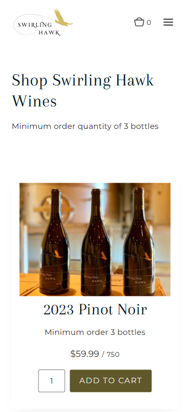 The Swirling Hawk wines listing on a phone, headed "Shop Swirling Hawk Wines" with a minimum order of three bottles, showing the 2023 Pinot Noir and an add to cart button.