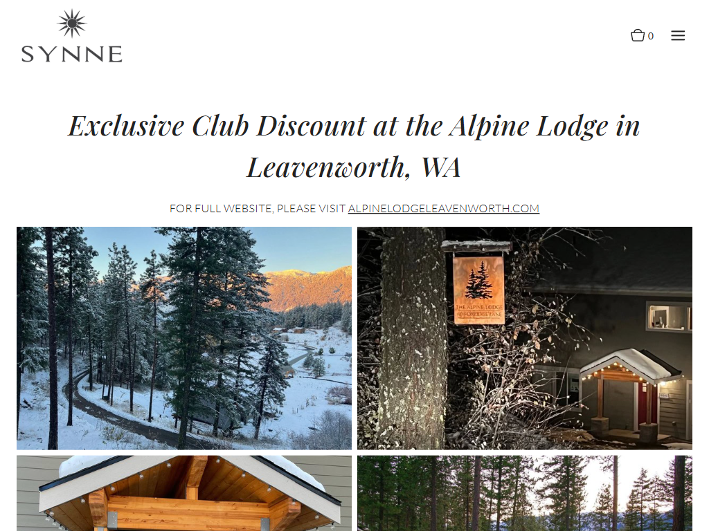 The Synne Cellars page in a desktop browser offering a club discount at the Alpine Lodge in Leavenworth, with photographs of snowy forest, a lit cabin and a timber ceiling.