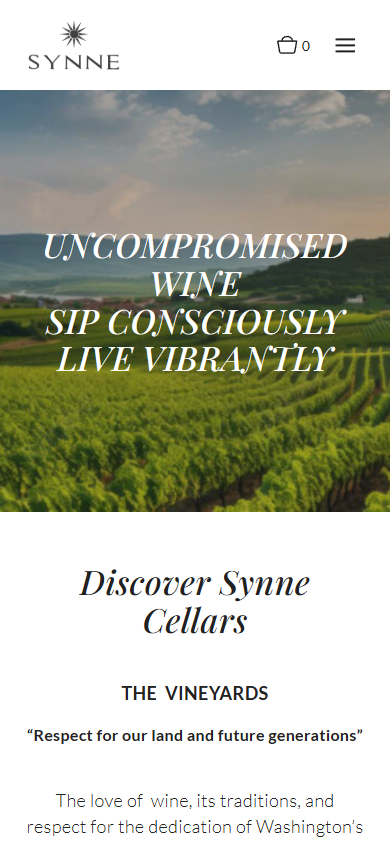 The Synne Cellars homepage on a phone, with the vineyard hero and its tagline above the "Discover Synne Cellars" section.