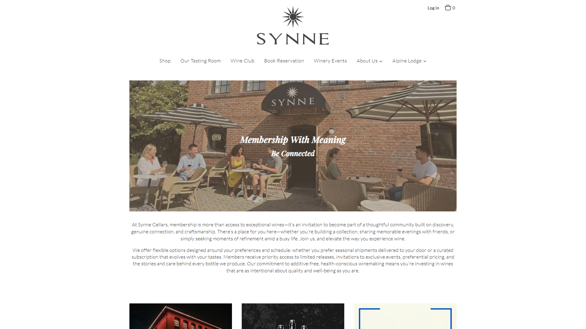 The Synne Cellars memberships page in a desktop browser, with guests seated at outdoor tables under the Synne awning of a brick building, headed "Membership With Meaning".