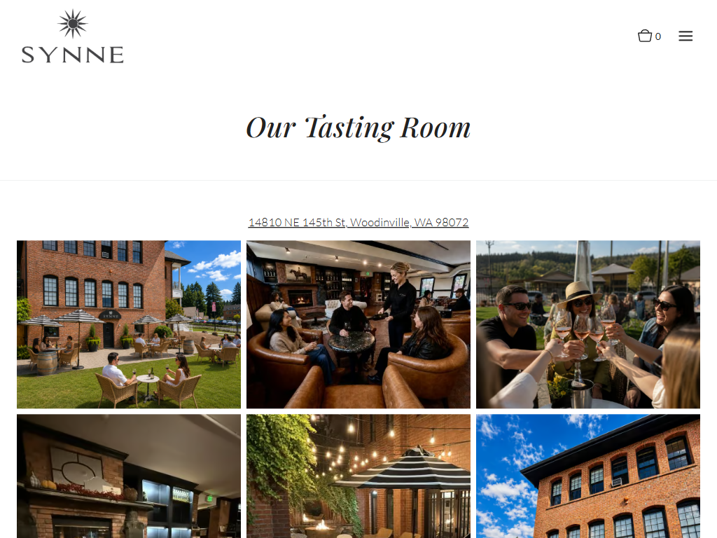 The Synne Cellars tasting room page in a desktop browser, headed "Our Tasting Room" with the Woodinville address, above a grid of photographs of the patio, the interior and guests raising their glasses.