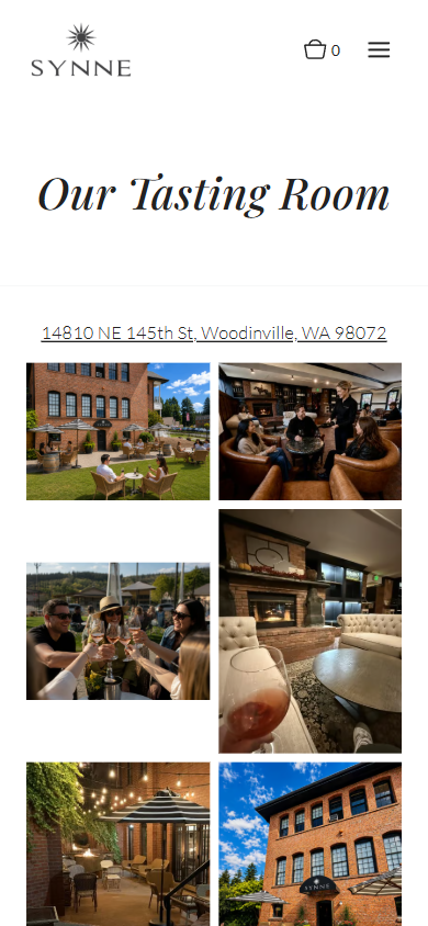The Synne Cellars tasting room page on a phone, headed "Our Tasting Room", with the address above a grid of tasting room photographs.