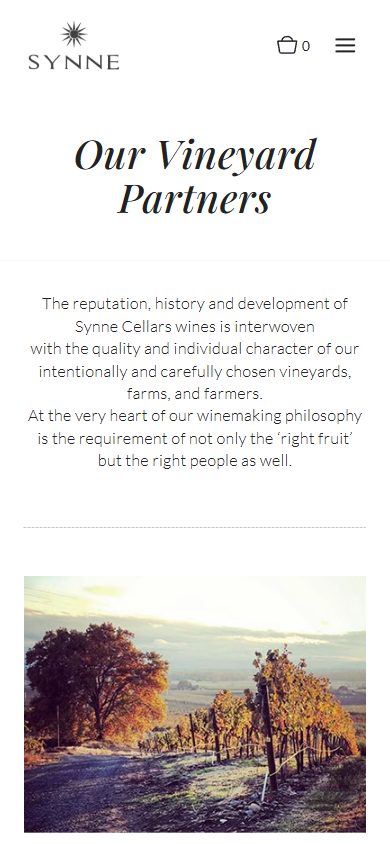 The Synne Cellars vineyards page on a phone, headed "Our Vineyard Partners", with an autumn vineyard photograph below the introduction.