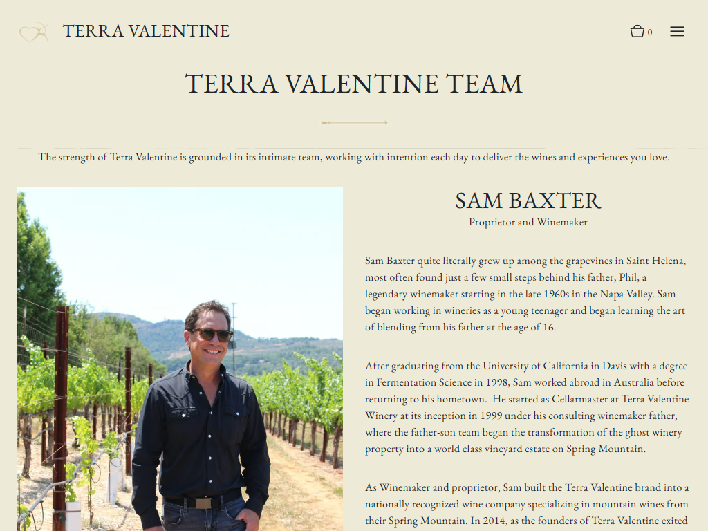 The Terra Valentine team page in a desktop browser, headed "Terra Valentine Team", with a portrait of the proprietor and winemaker in the vineyard beside his biography.