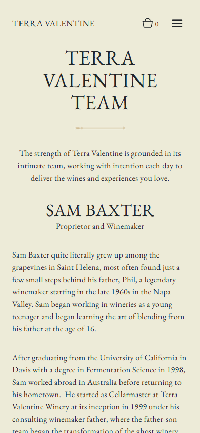 The Terra Valentine team page on a phone, headed "Terra Valentine Team", with the winemaker's name and the opening of his biography.