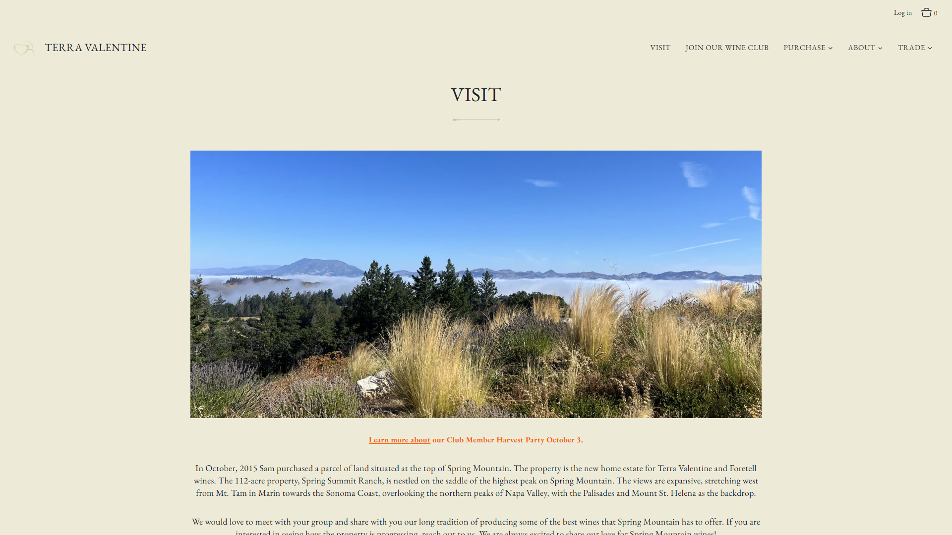 The Terra Valentine visit page in a desktop browser, headed "Visit", with the Spring Mountain view above an account of the Spring Summit Ranch property and an invitation to arrange a tasting.