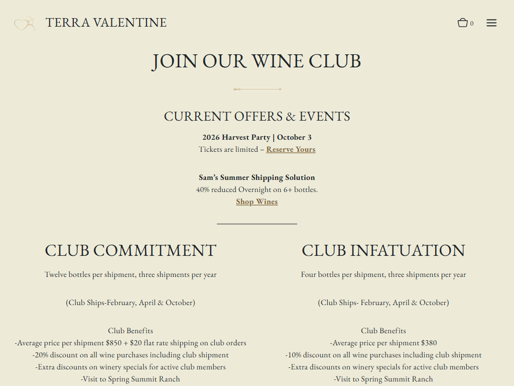 The Terra Valentine wine club page in a desktop browser, headed "Join Our Wine Club", with current offers and events above the two membership tiers and their benefits.