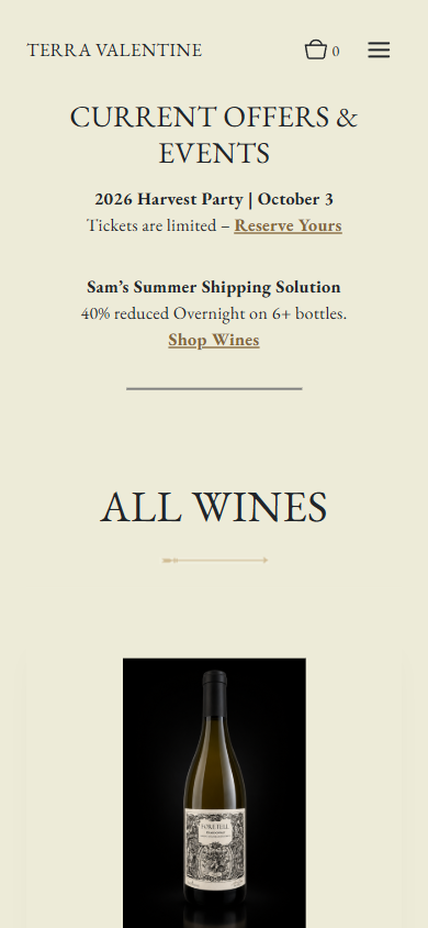 The Terra Valentine wines listing on a phone, with the current offers above the heading "All Wines" and the first bottle.