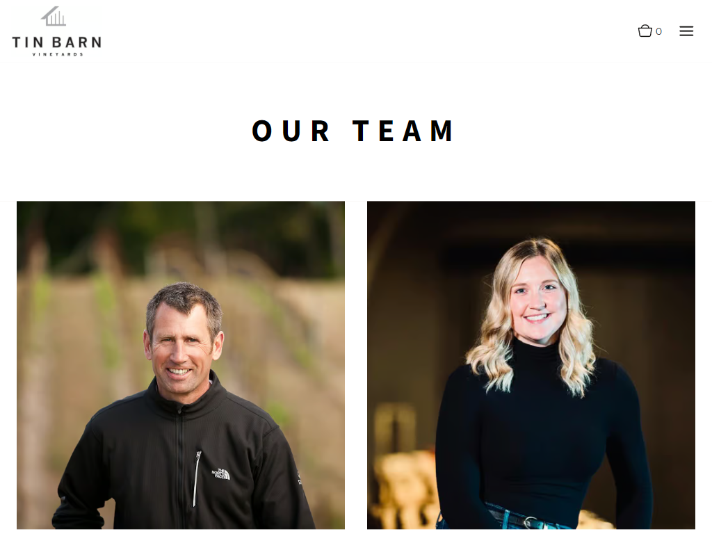 The Tin Barn team page in a desktop browser, headed "Our Team", with two portraits side by side.