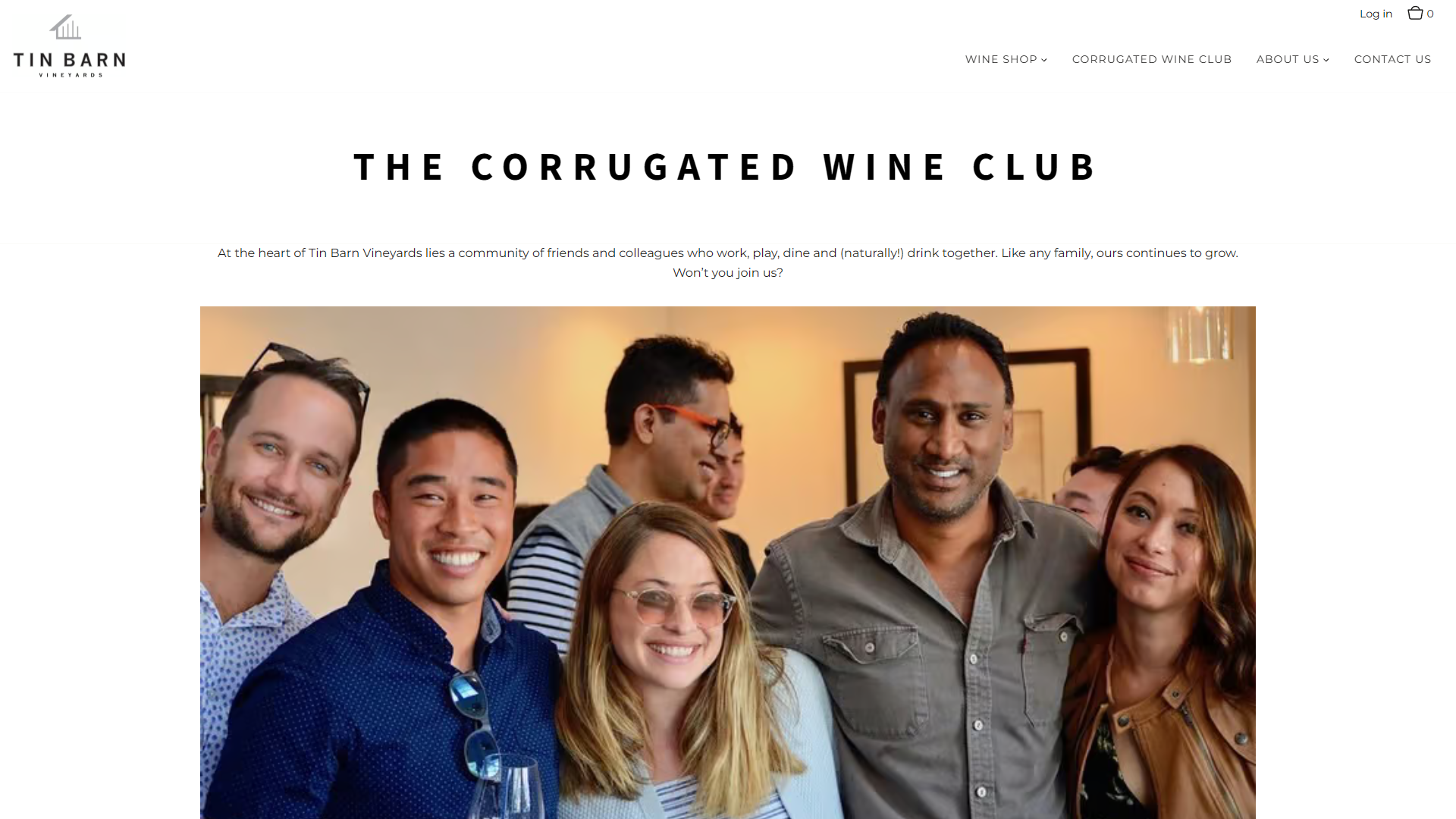 The Tin Barn wine club page in a desktop browser, headed "The Corrugated Wine Club", with a group of friends photographed together above the invitation to join.