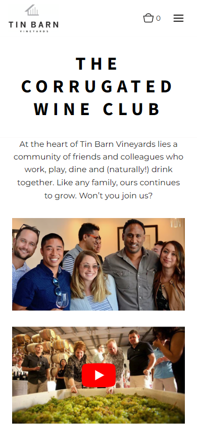 The Tin Barn wine club page on a phone, headed "The Corrugated Wine Club", with the group photograph and a video below.