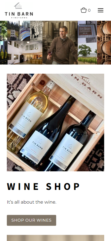 The Tin Barn homepage on a phone, with the photo mosaic and gift box above the wine shop section.