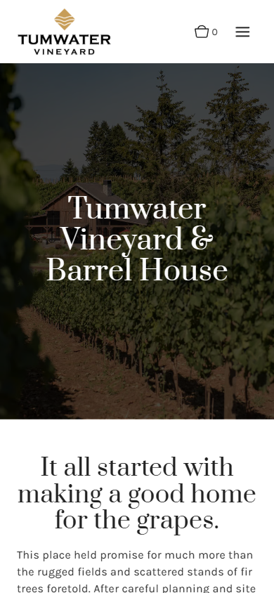 The Tumwater About page on a phone, headed "Tumwater Vineyard & Barrel House", with the line about making a good home for the grapes.