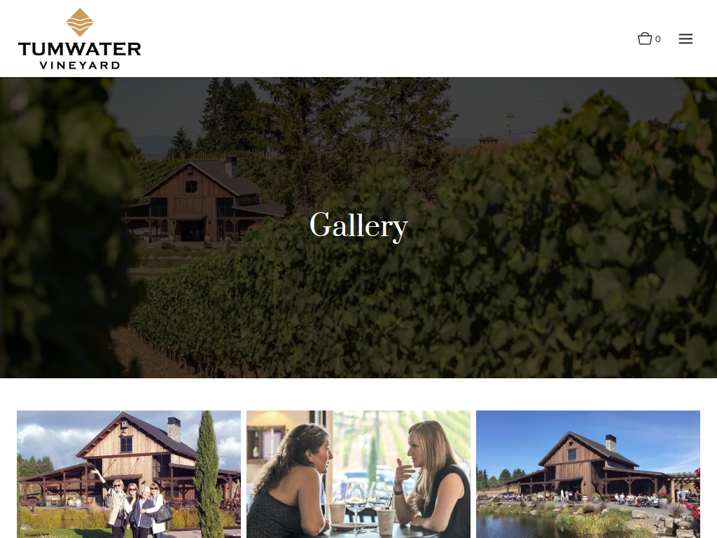 The Tumwater gallery in a desktop browser, headed "Gallery" over a dusk view of the barn, with thumbnails of the winery and guests below.