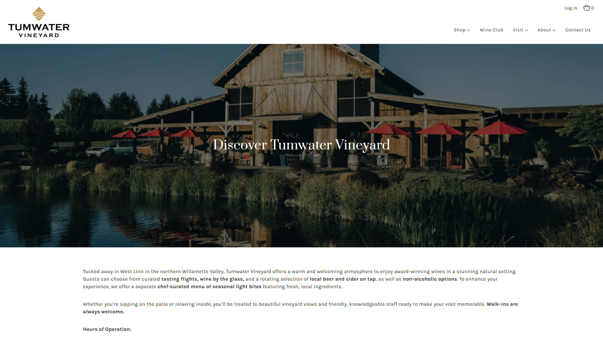 The Tumwater Visit Us page in a desktop browser, headed "Discover Tumwater Vineyard" over the winery reflected in the pond at dusk, with the tasting offering and hours below.
