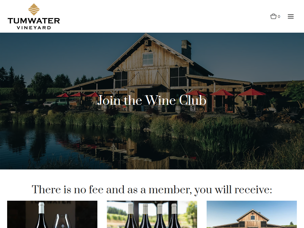 The Tumwater wine club page in a desktop browser, headed "Join the Wine Club" over the winery and pond, above a list of member benefits.