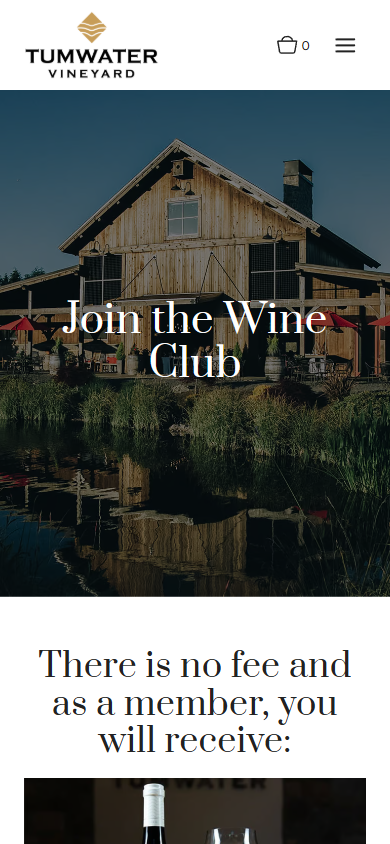 The Tumwater wine club page on a phone, headed "Join the Wine Club", with the no-fee membership benefits below.